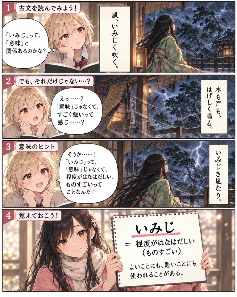 古文単語「いみじ」の意味「程度がはなはだしい（ものすごい）」を学ぶ4コマ漫画