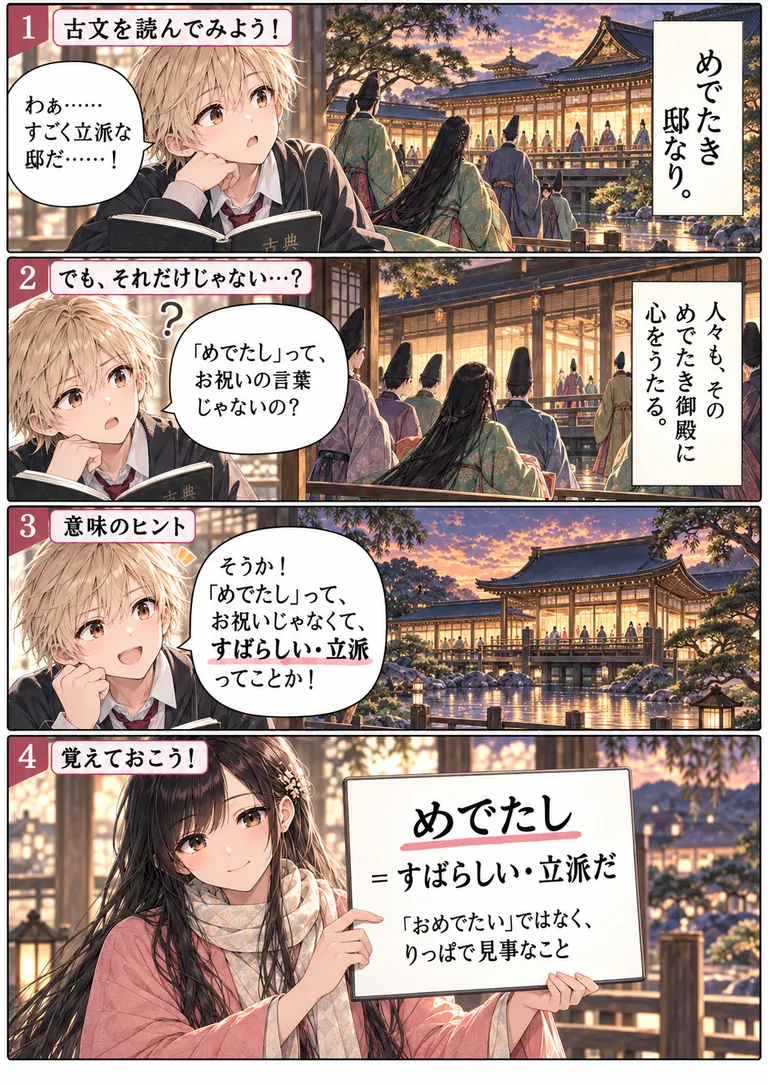 古文単語「めでたし」の意味「すばらしい・立派だ」を学ぶ4コマ漫画