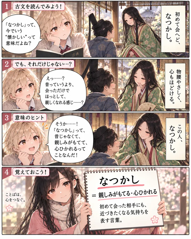 古文単語「なつかし」の意味「親しみがもてる・心ひかれる」を学ぶ4コマ漫画