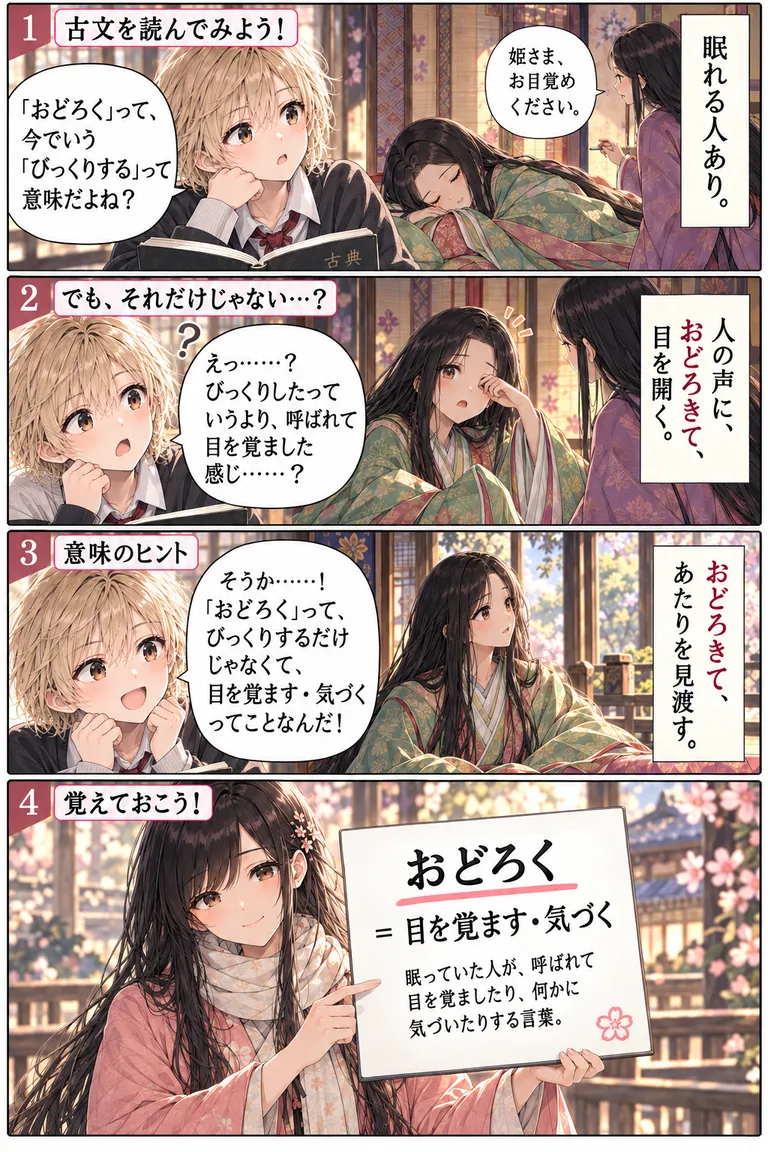 古文単語「おどろく」の意味「目を覚ます・はっと気づく」を学ぶ4コマ漫画