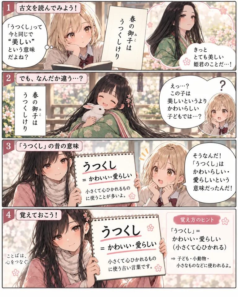 古文単語「うつくし」の意味「かわいい・愛らしい」を学ぶ4コマ漫画